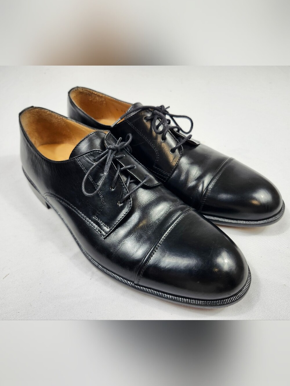 Johnston & Murphy Mens 9.5 M Black Leather Cap-Toe Derby Italian Shoes